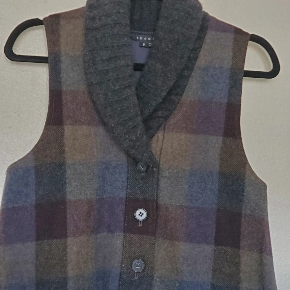 Theory Kellsie Plaid Wool Vest Shawl Collar Brown Blue Grey 91171606 Womens 6 - Picture 2 of 14